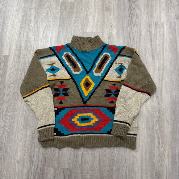 Vintage Geometric Knit Sweater Size Large Tribal Aztec Pullover 90s Native 1990s - Picture 1 of 6